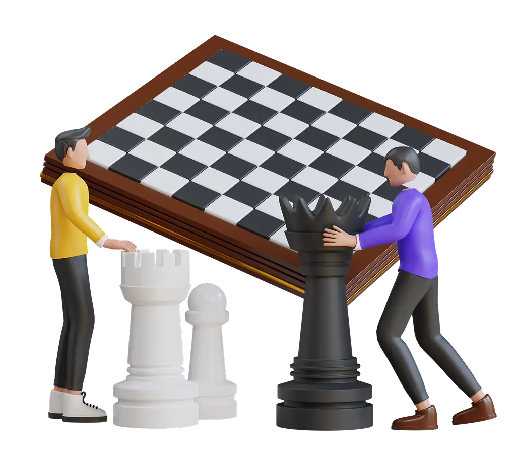 3D-illustratie van twee mensen die grote schaakstukken over een bord verplaatsen, als symbool voor strategie, planning, teamwork en competitief denken
